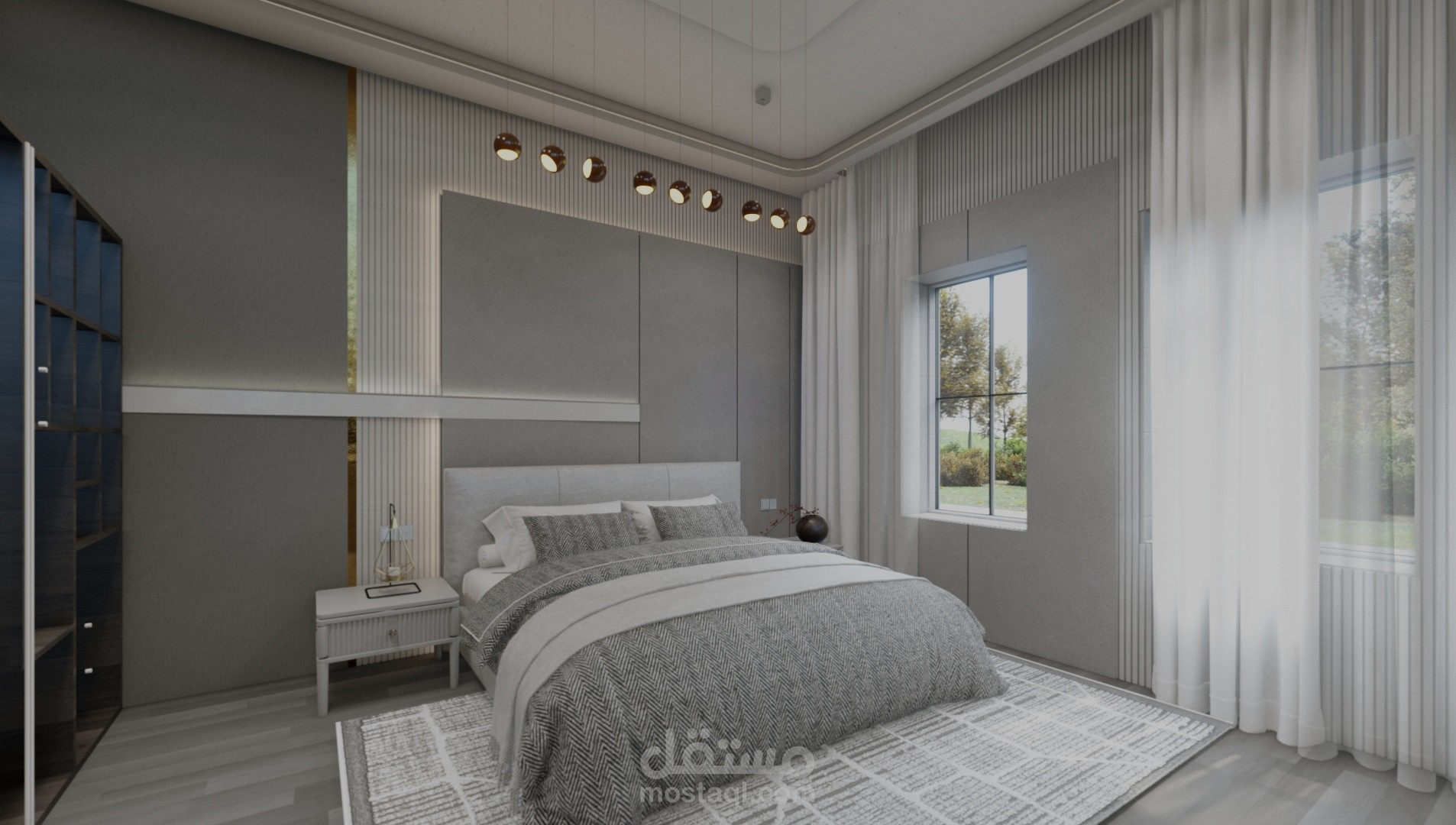 تصميم داخلي لغرفة نوم وصالة معيشة ومجلس عربي