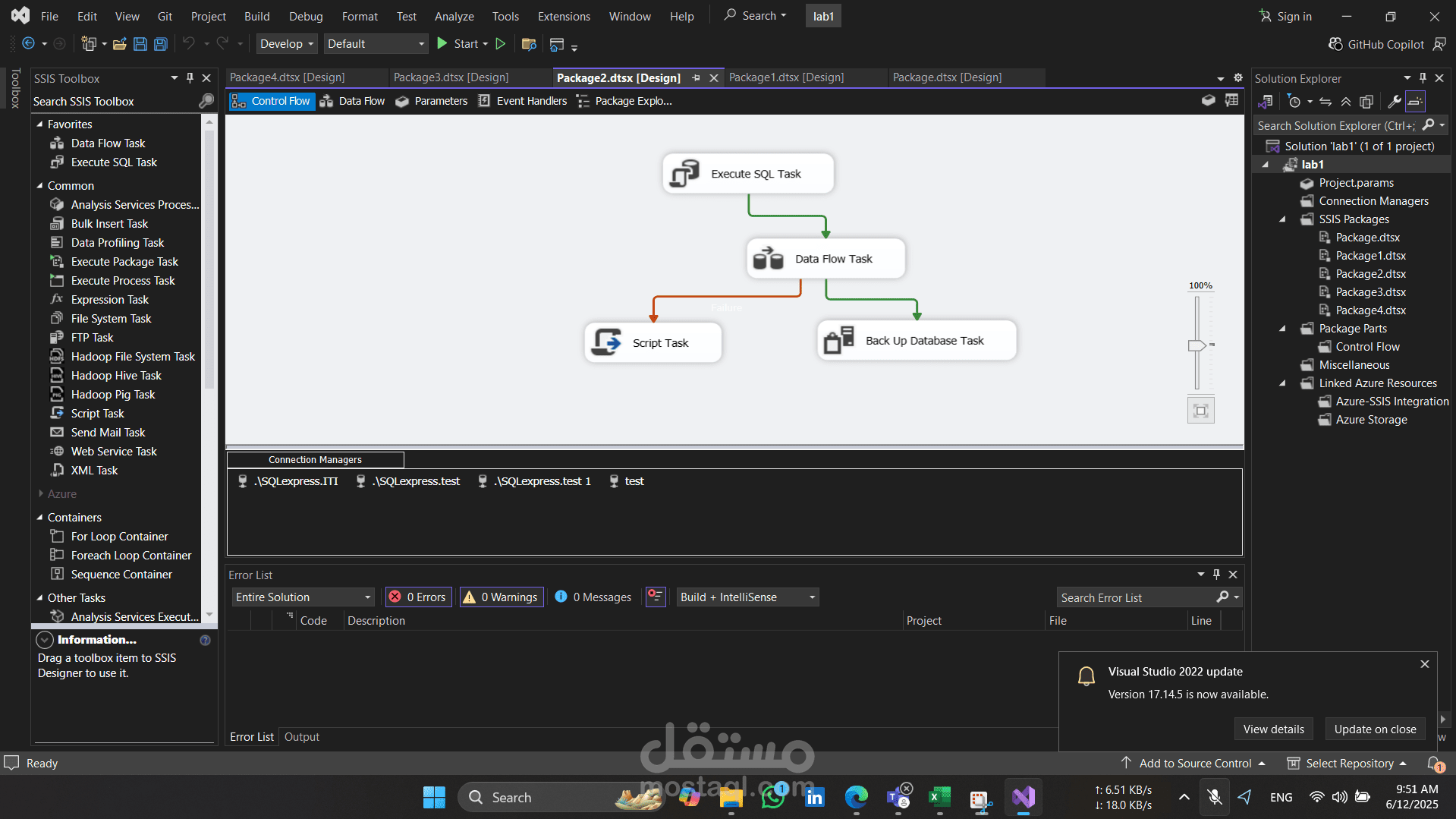 مشروع SSIS لنقل وتحويل البيانات (ETL) باستخدام Visual Studio و SQL Server