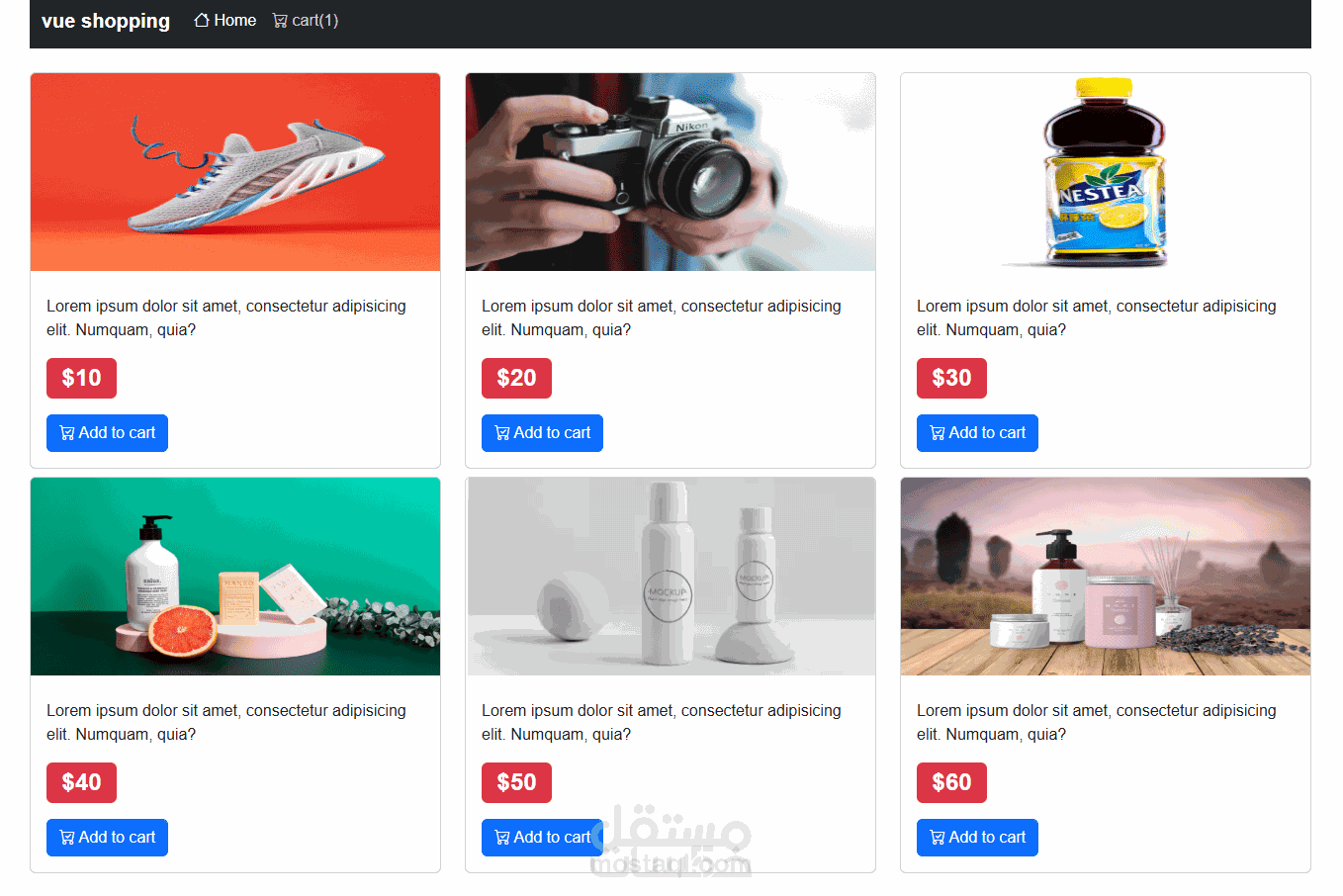 واجهة متجر إلكتروني مع عربة تسوق بتحديثات لحظية، وتصنيف المنتجات، وإدارة الحالة باستخدام Pinia، مطوّر بـ Vue 3 و Bootstrap 5.