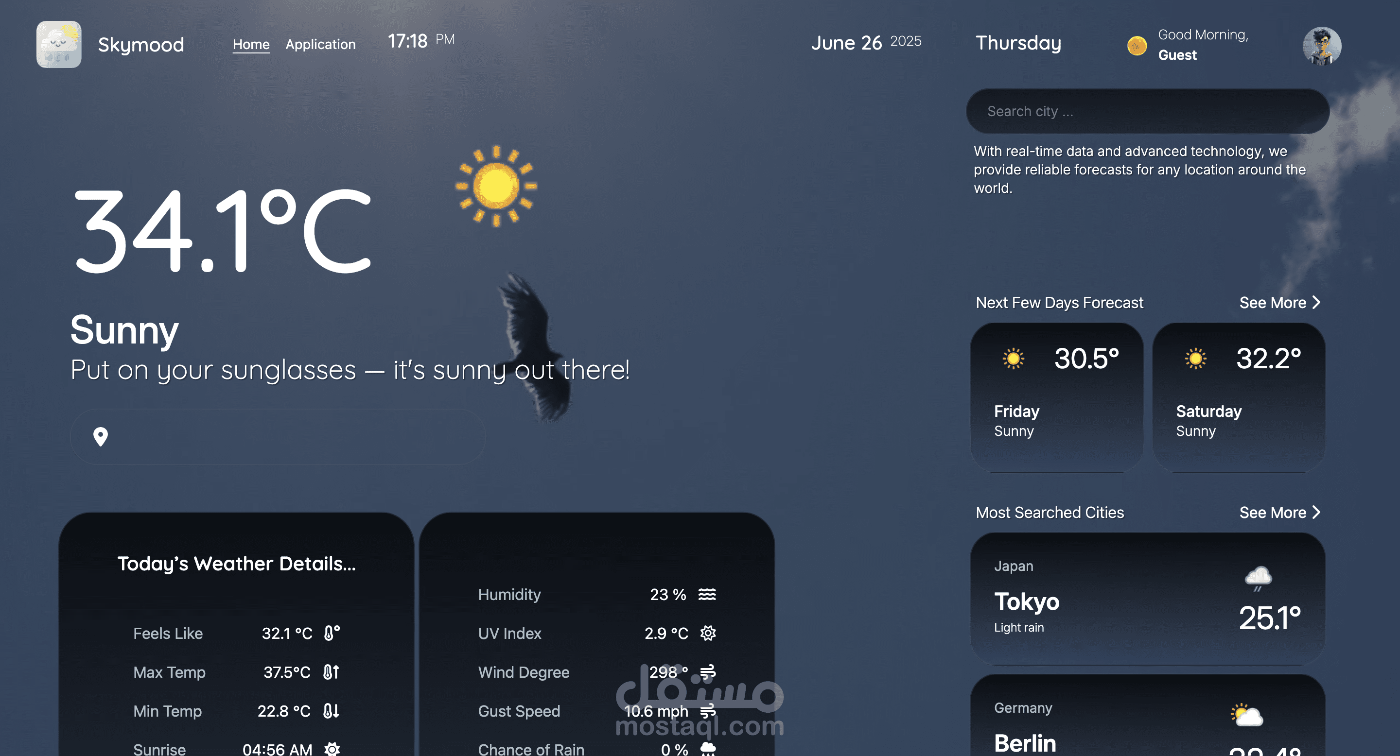 Skymood – تطبيق طقس تفاعلي بتصميم متغيّر حسب الحالة الجوية (UI/UX - HTML/CSS/JS)