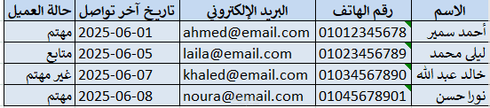نموذج Excel لتنظيم بيانات العملاء ومتابعة الحالة