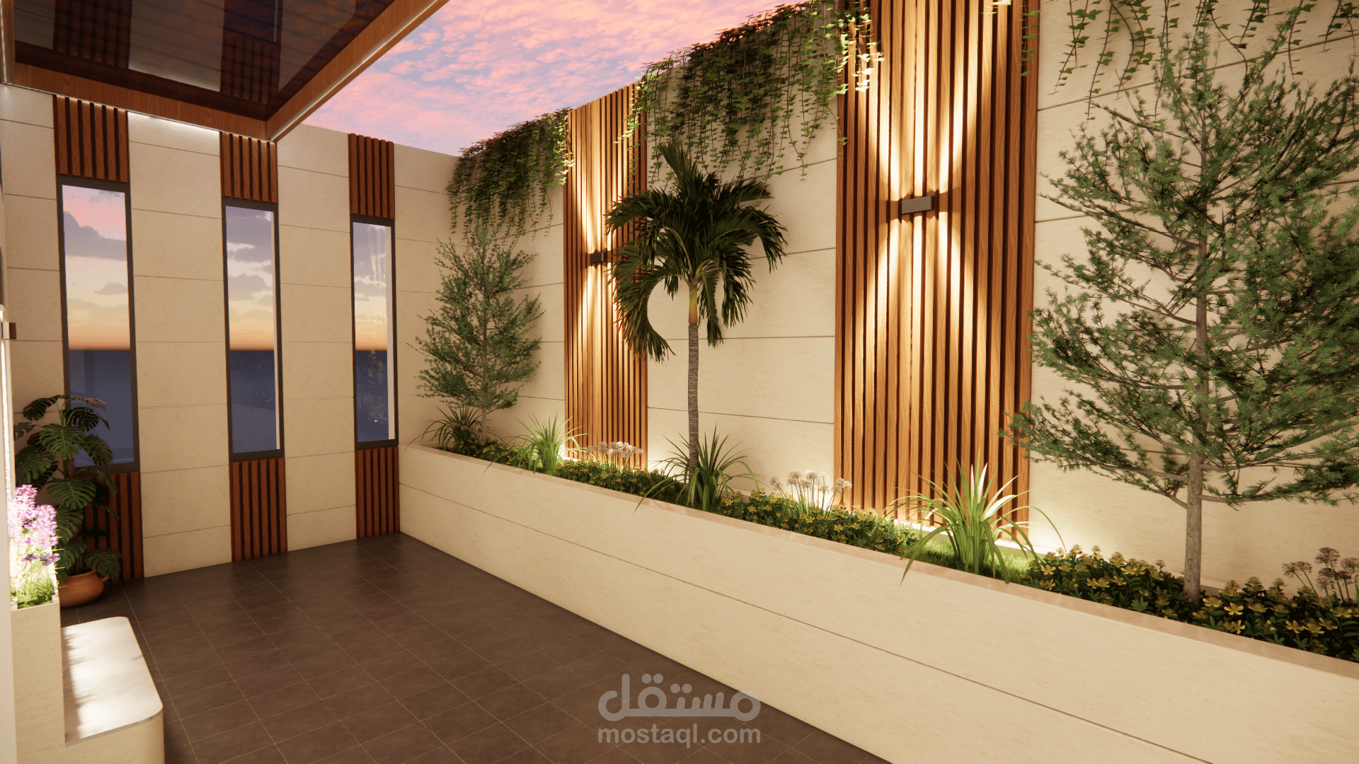 Modern Indoor Courtyard with Vertical Garden Lighting