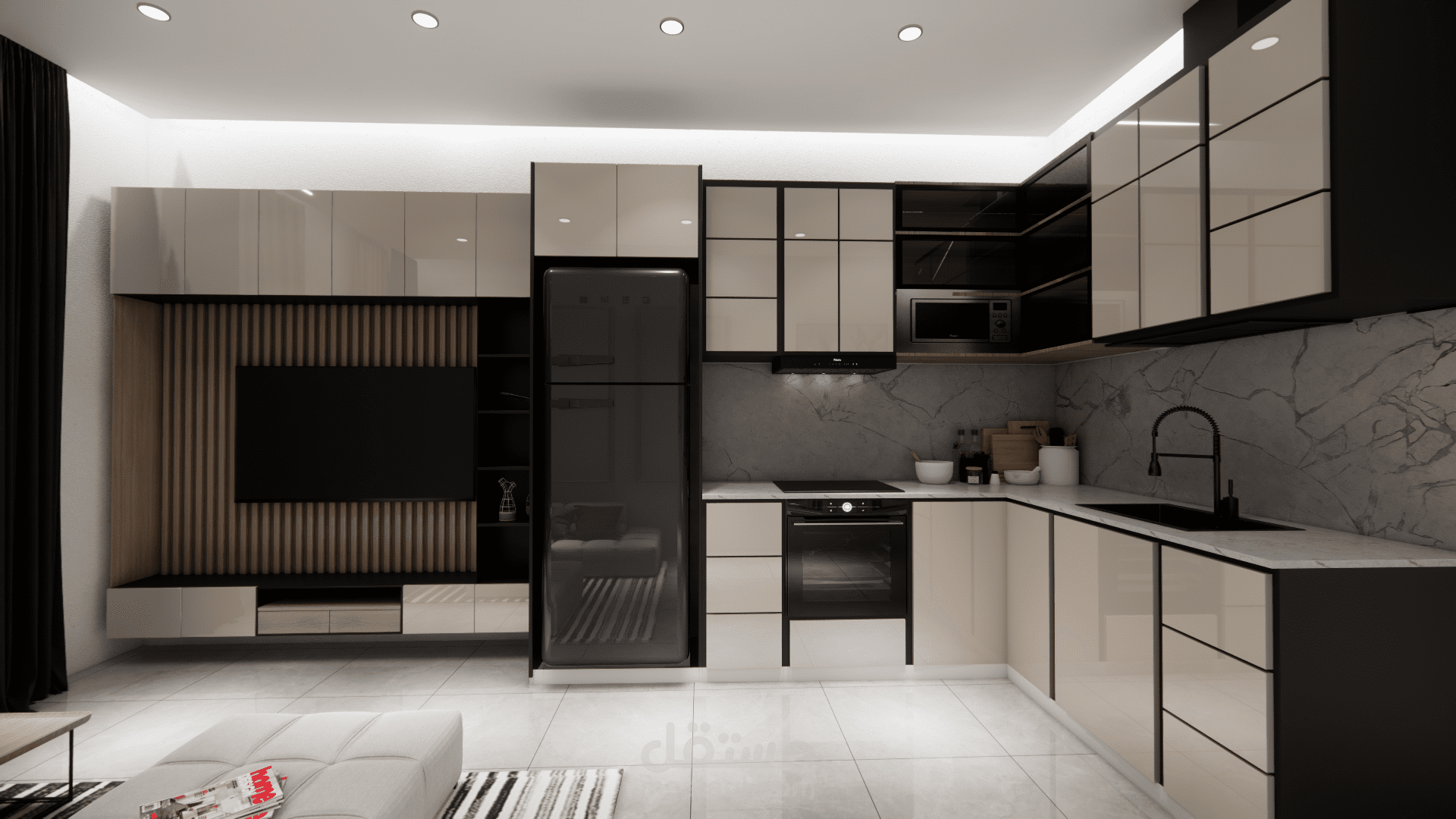 تصميم داخلي ثلاثي الأبعاد لمطبخ وصالون بنمط مودرن مفتوح