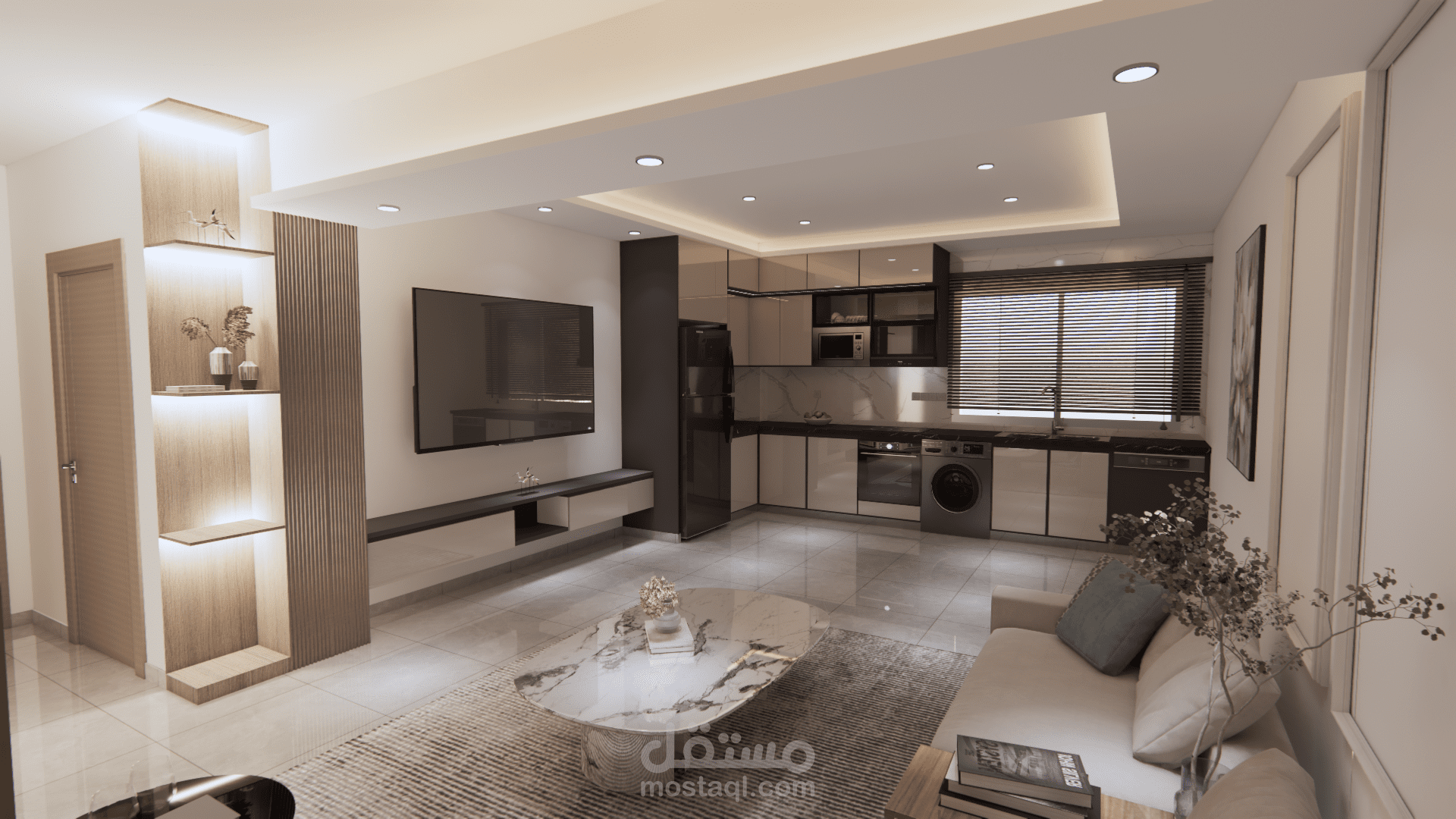 تصميم داخلي حديث ومتكامل لمنطقة المعيشة والمطبخ بنمط مفتوح