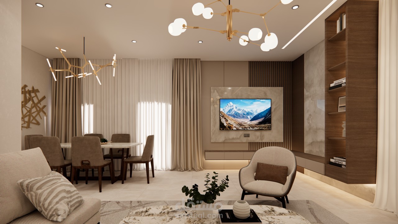 تصميم داخلي ثلاثي الأبعاد عصري لمطبخ وصالون مفتوح (Open Space)