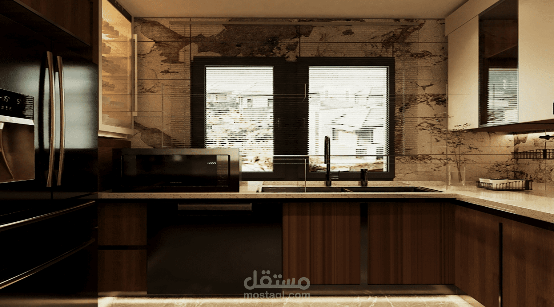 تصميم داخلي مودرن  لمطبخ مفتوح  رندر جودة عالية