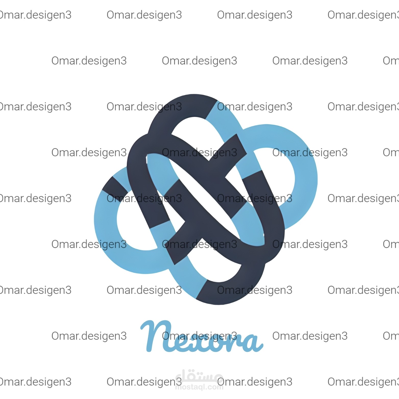 شعار احترافي لشركة تقنية باسم "Nestora" يجمع بين الحروف بشكل هندسي متداخل باستخدام درجات الأزرق .