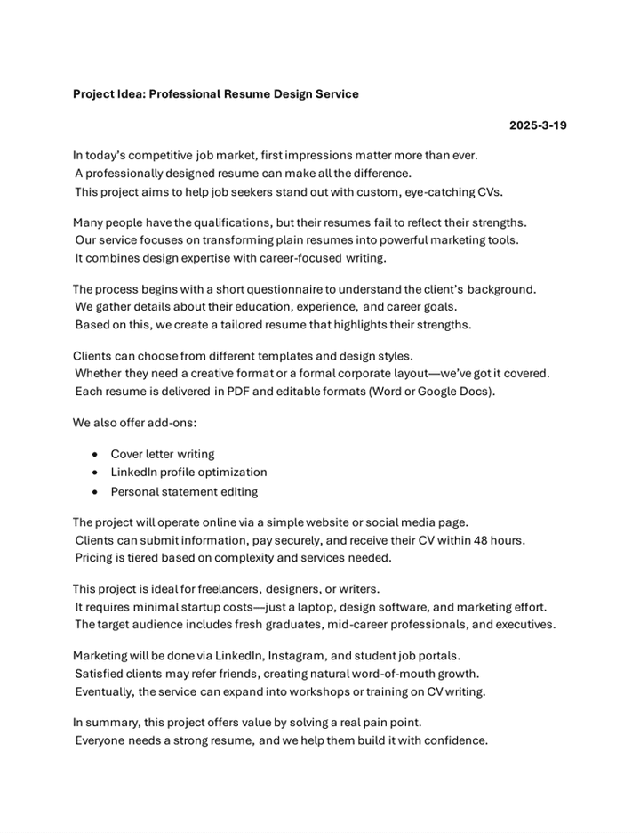 Project Idea: Professional Resume Design Service