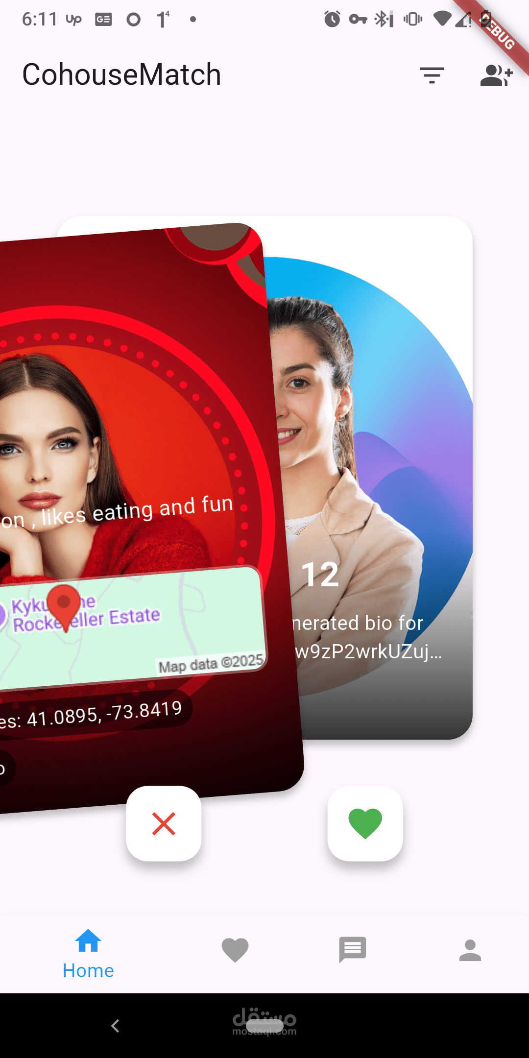 تطبيق تعارف للسكن المشترك، متوافق مع الهواتف المحمولة، على غرار تطبيق Tinder، حيث يمكن للمستخدمين التمرير سريعًا للتوافق، مع مساعد ذكاء اصطناعي للتوافق .