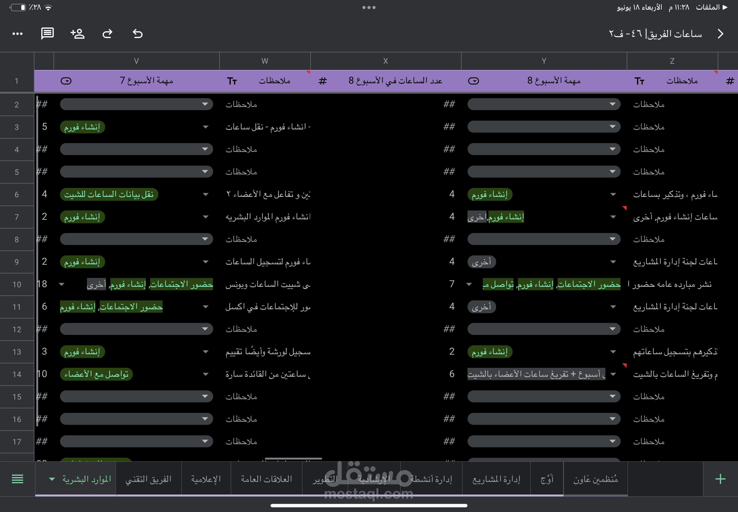 إدارة وتوثيق العمل باستخدام برنامج Excel، يشمل تسجيل الساعات اليومية، تدوين الملاحظات، ومراقبة سير العمل لضمان التقدم وتحقيق الأهداف المطلوبة بكفاءة