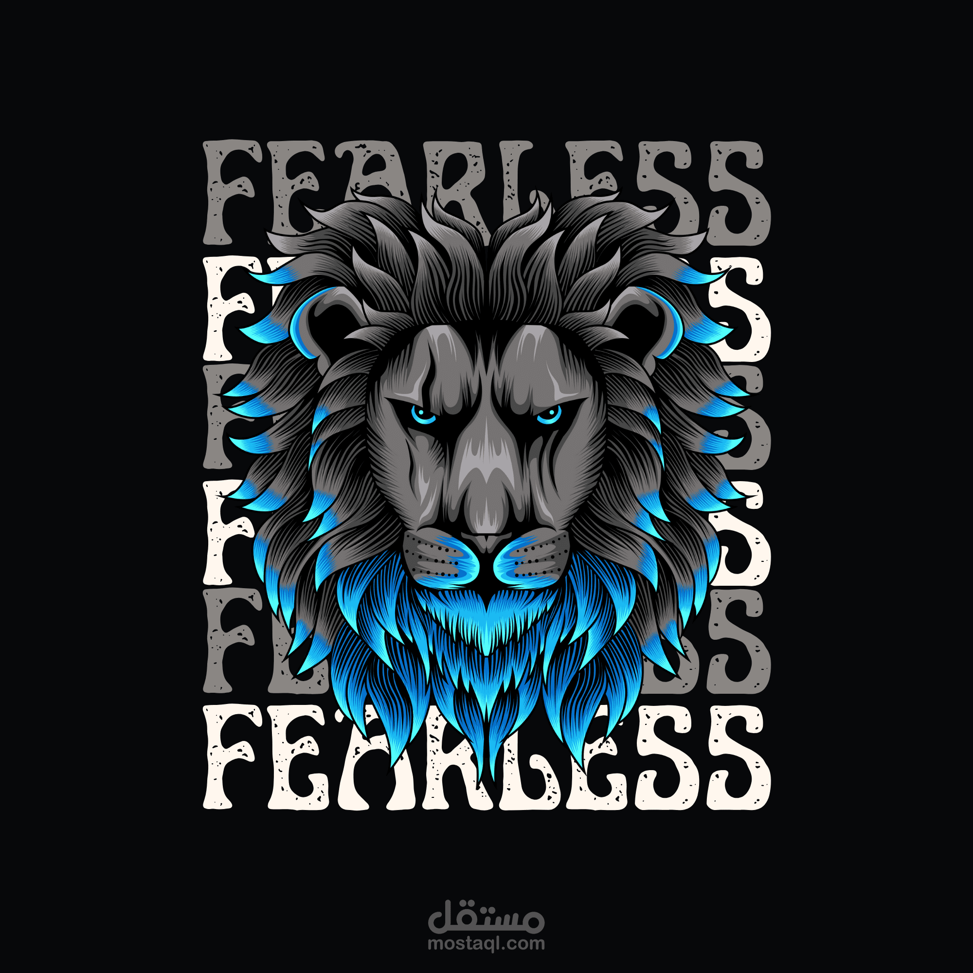 *"تصميم تيشيرت أسد بعبارة FEARLESS – فن جريء بقوة الأسود"*