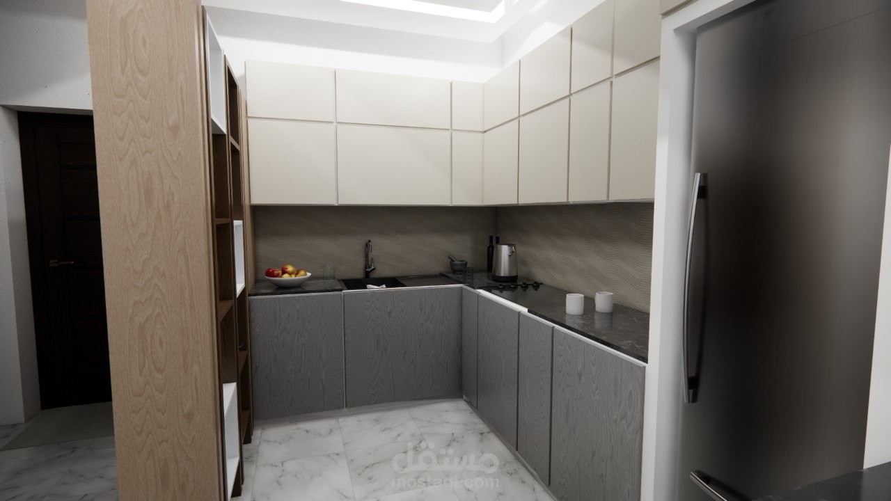 العنوان: مطبخ عصري صغير بتصميم مدمج وهادئ