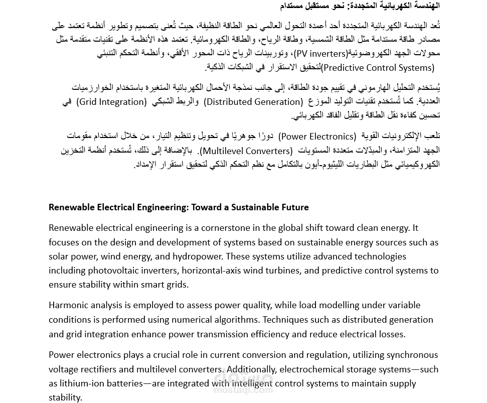 مقال مترجم عن الهندسة الكهربائية المتجددة