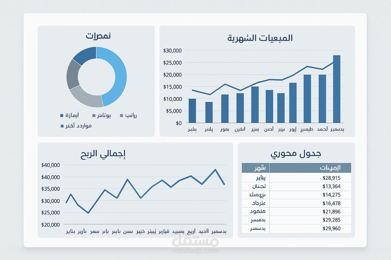 لوحة بيانات تفاعلية متكاملة لتحليل المبيعات باستخدام Excel.