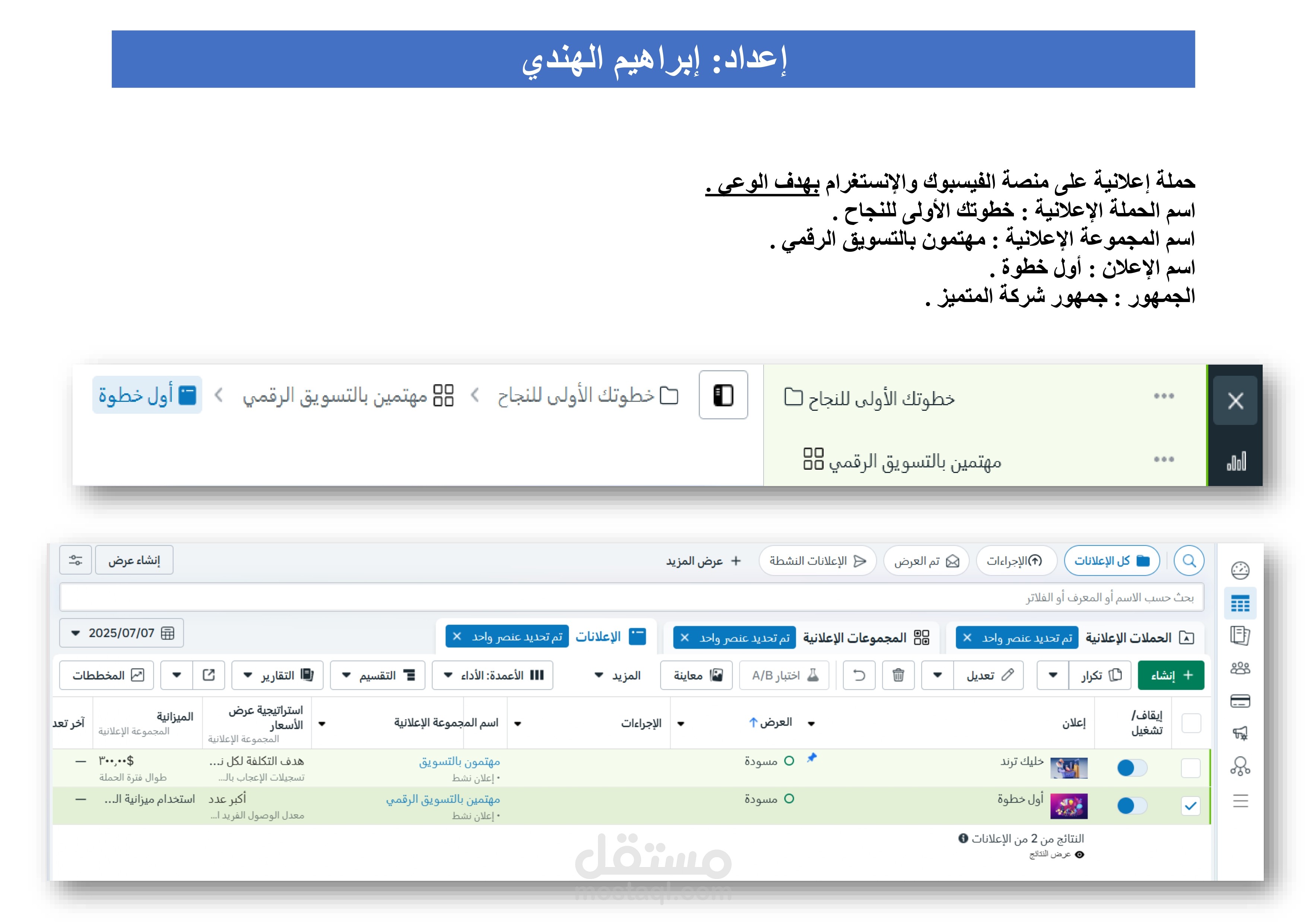 إعداد حملة إعلانية على فيسبوك وإنستغرام بعنوان "خطوتك الأولى للنجاح" بهدف رفع الوعي .