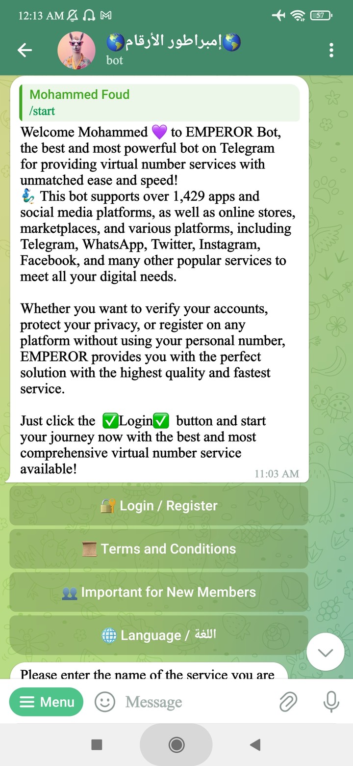 بوت تيليجرام لبيع الأرقام الافتراضية لعدة منصات