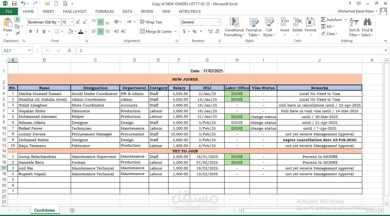 sheet of new joiner