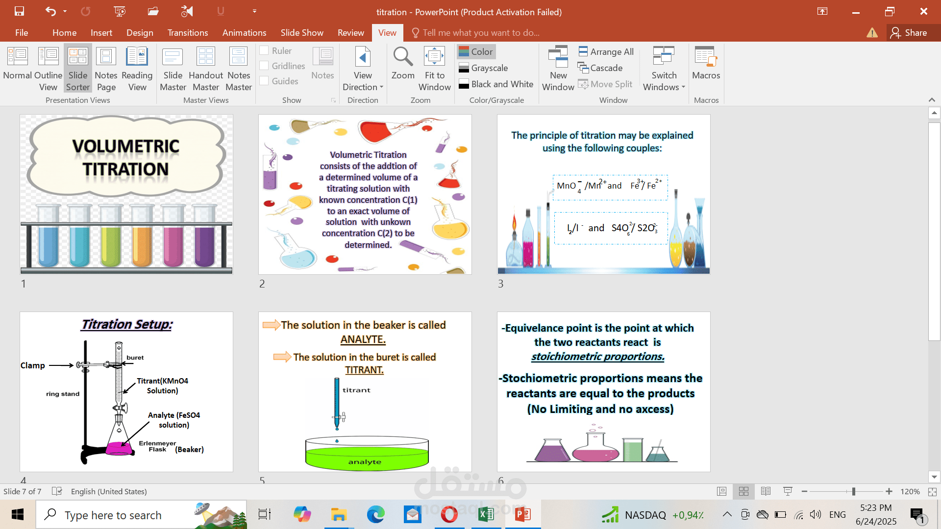 إعداد عرض PowerPoint تعليمي واحترافي عن التعيين (Titration) مع شرح وتنسيق بصري