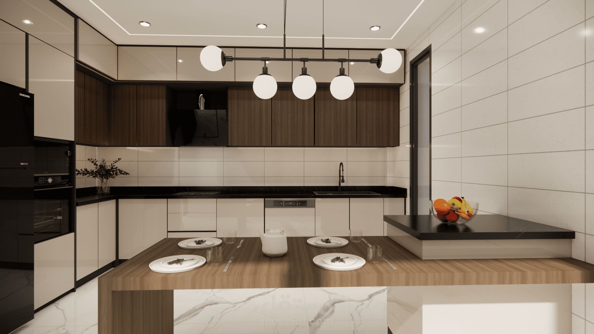تصميم مطبخ عصري بأناقة الخشب واللمسات السوداء