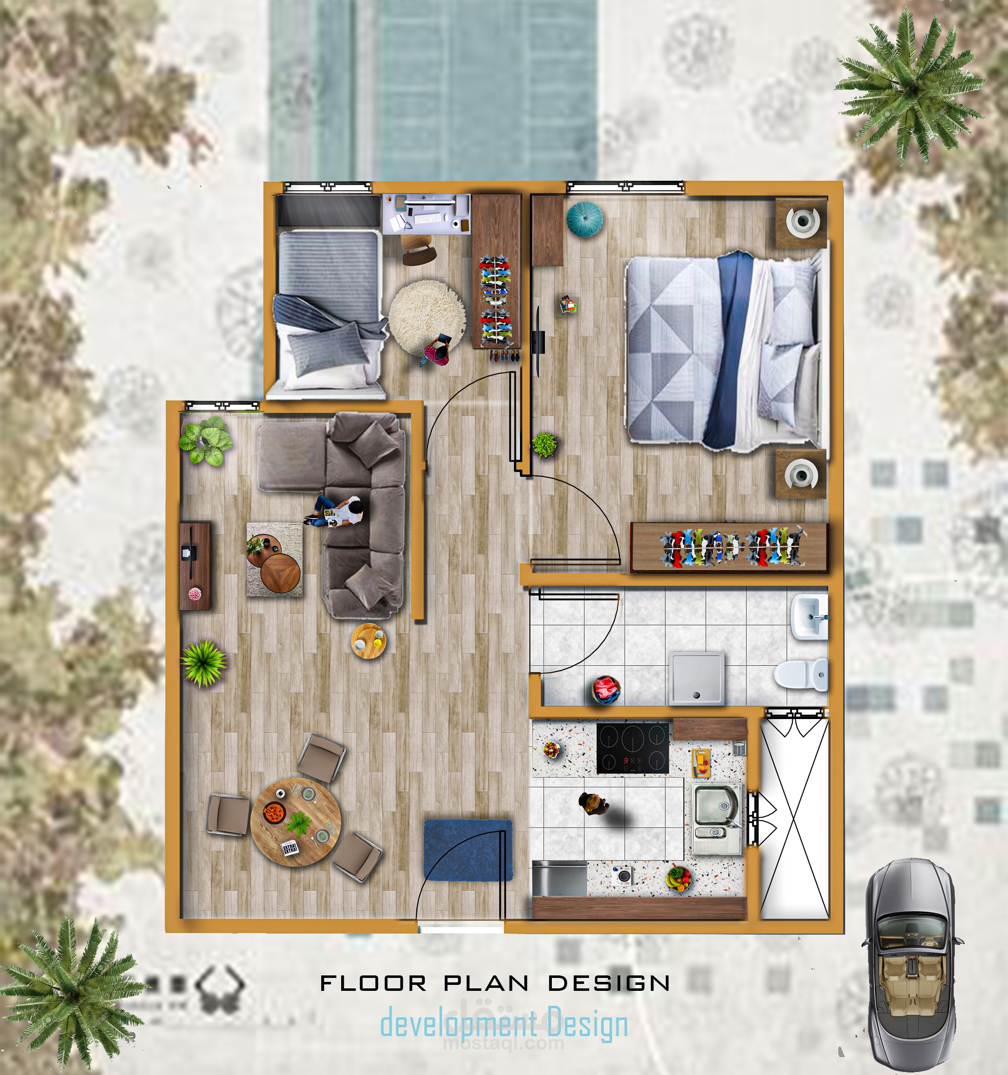 تطوير التصميم لشقه سكنيه بمساحة 48 متر مربع RESIDENTIAL PLAN DESIGN DEVELOPMENT