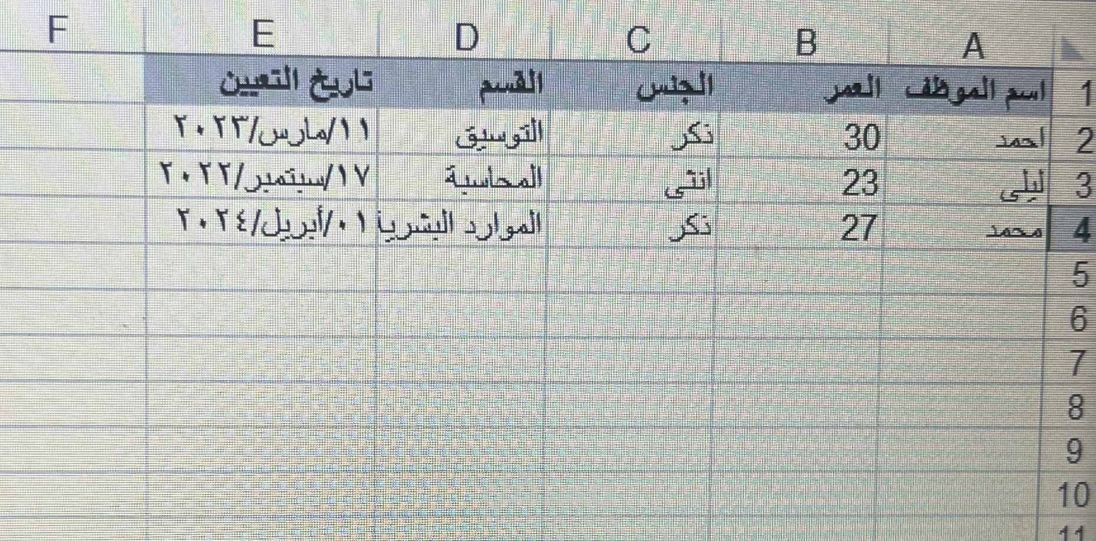 بيانات الموظفين باستخدام Excel
