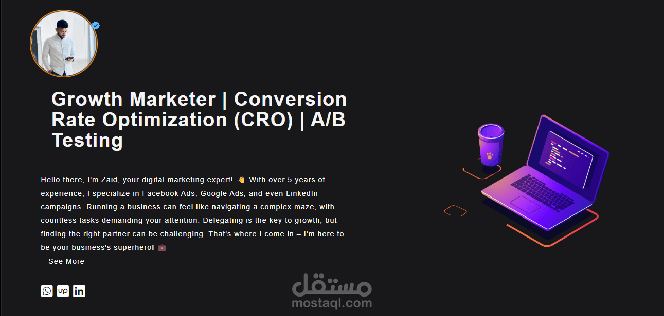 تصميم وتطوير بورتفوليو تسويقي احترافي لـ Growth Marketer