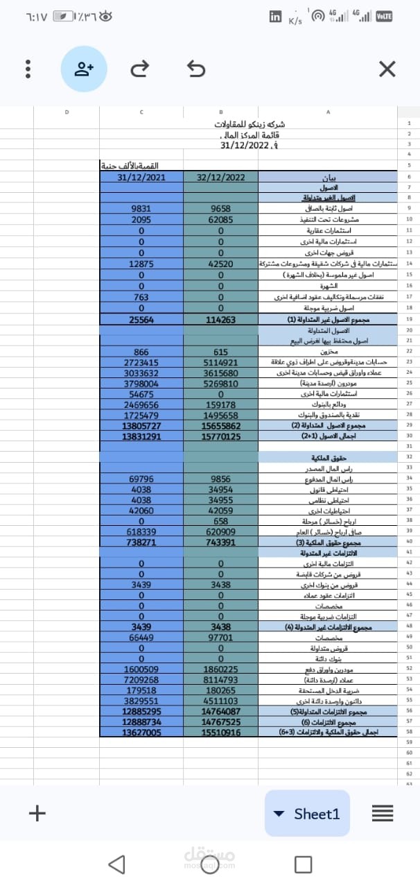 قائمه المركز المالي للمؤسسة
