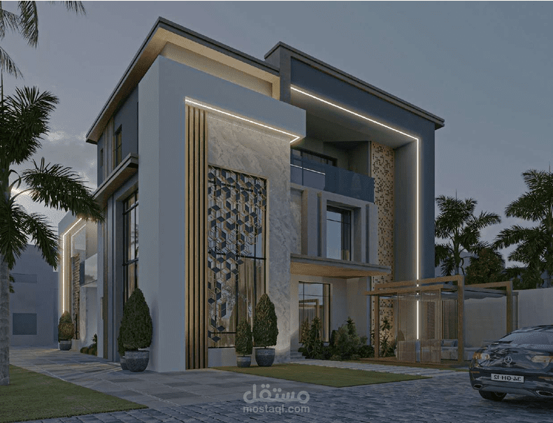 تصميم ثلاثي الأبعاد لفيلا سكنية بواجهات مودرن أنيقة