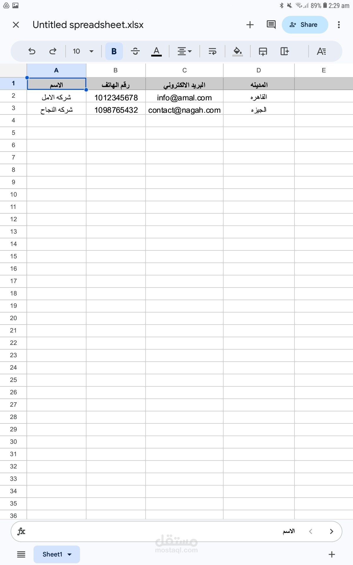 نموذج إدخال بيانات مرتب باستخدام Excel