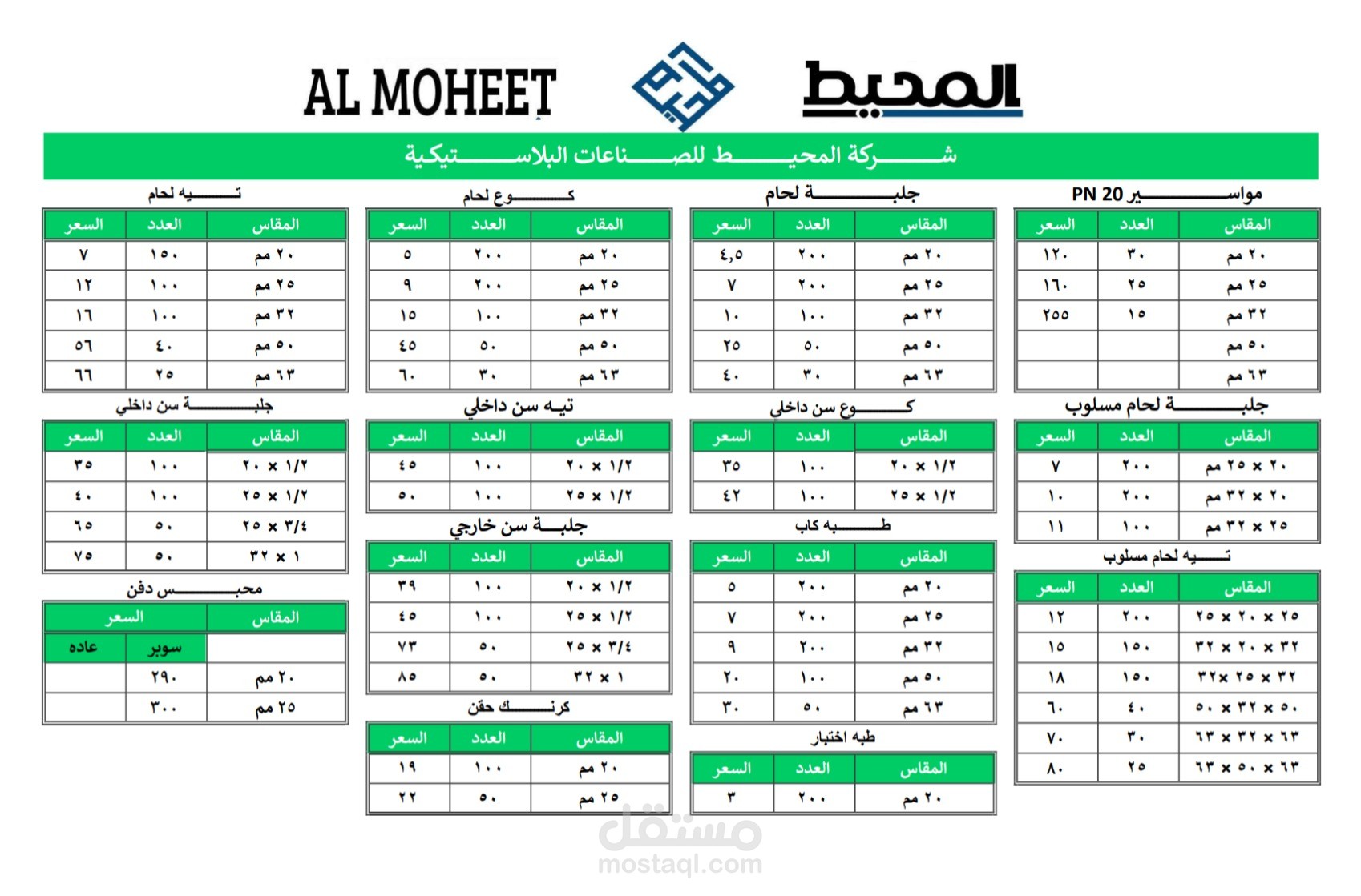 قائمة اسعار لشركة المحيط لأنظمة المياه والصرف الصحي