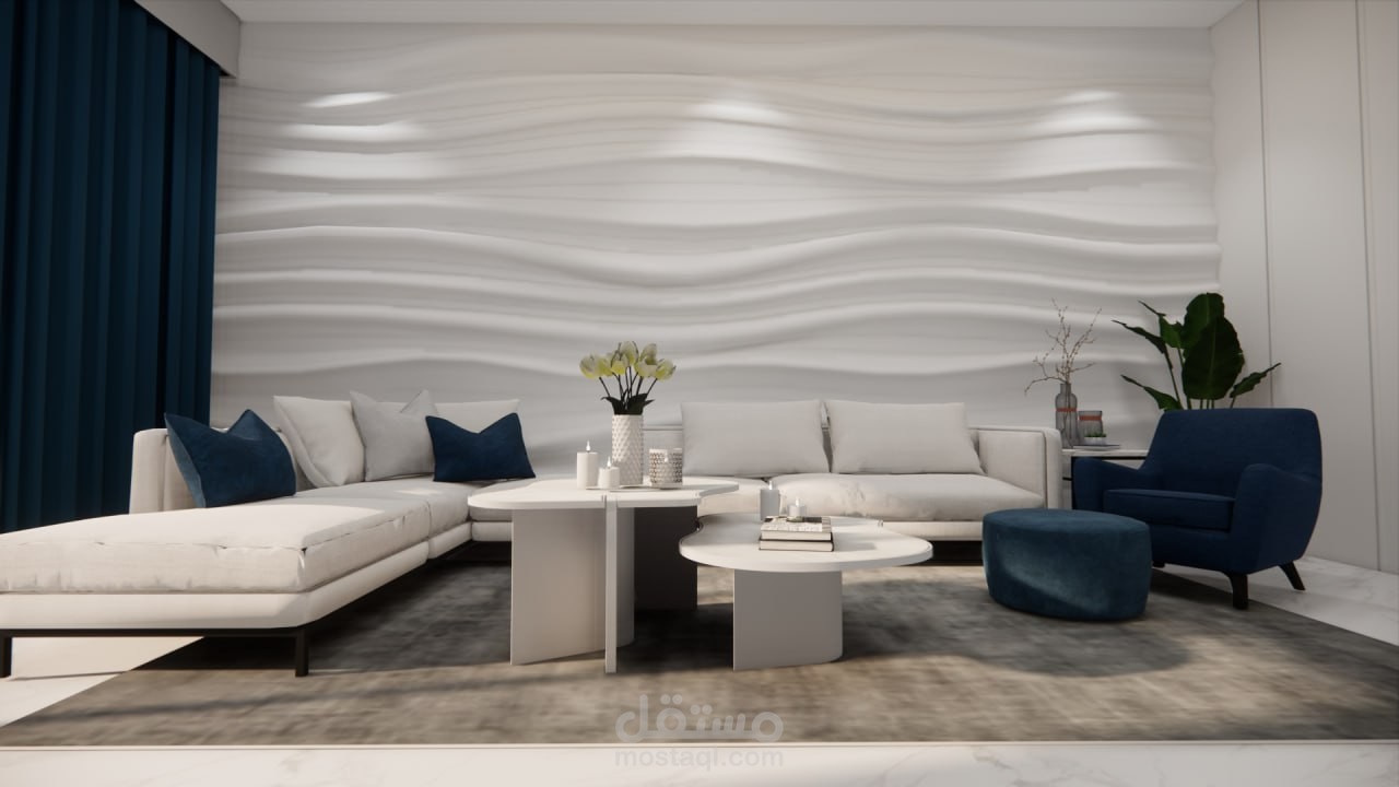 تصميم غرفة معيشة في شقة سكنية في عمارة الغفري في حي النصر شمال غرب مدينة غزة