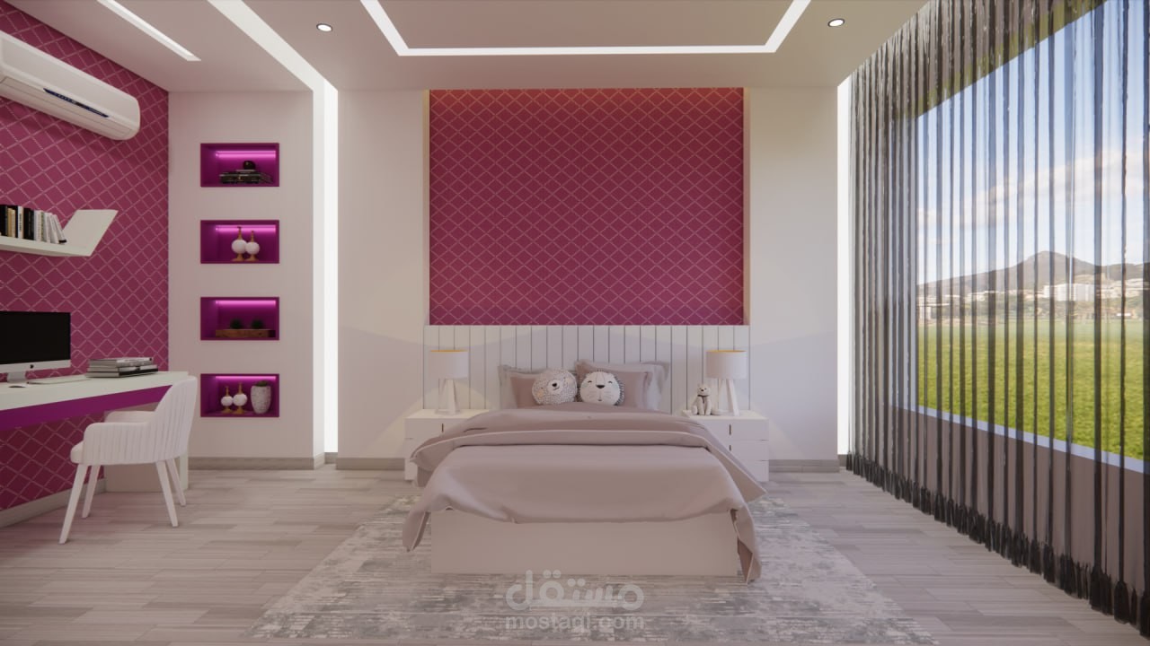 تصميم غرفة فتاة في شقة سكنية في برج الملش في حي الرمال وسط مدينة غزة