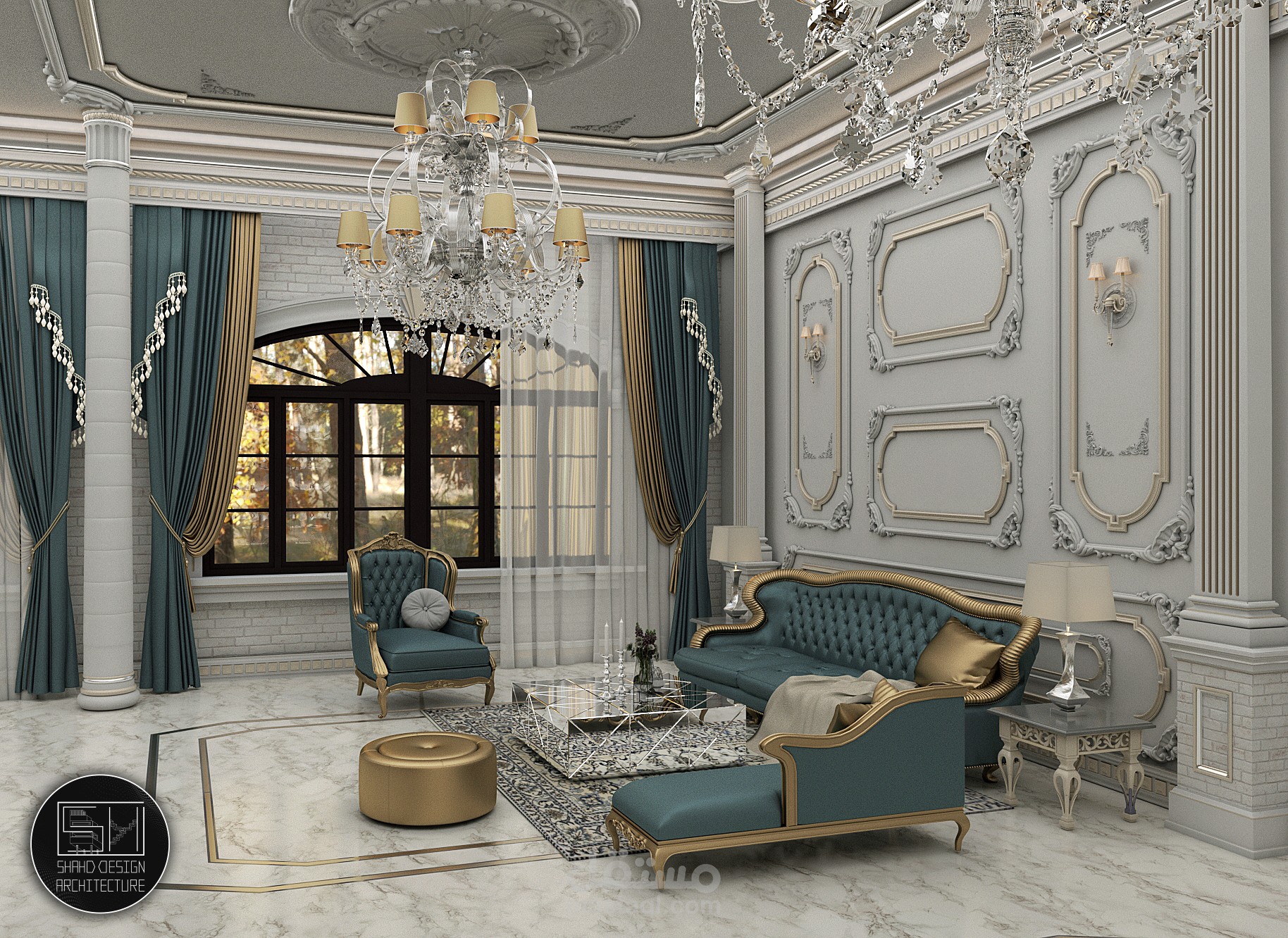 غرفة جلوس كلاسيكية  (Luxury Classic Style) مع قسم سفرة طعام وزاوية قراءة في سوريا مدينة حلب