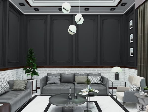 غرفة جلوس بجدران سوداء وفقاً لنمط التصميم الكلاسيكي الحديث (Modern Neoclassical Style) في تركيا في مدينة اسطنبول