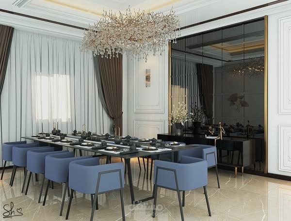 غرفة طعام وفقاً لنمط التصميم الكلاسيكي الحديث (Neoclassical Style)  في السعودية الرياض
