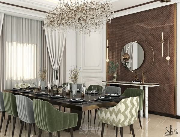 غرفة طعام وفقاً لنمط التصميم الكلاسيكي الحديث (Neoclassical Style) في السعودية الرياض