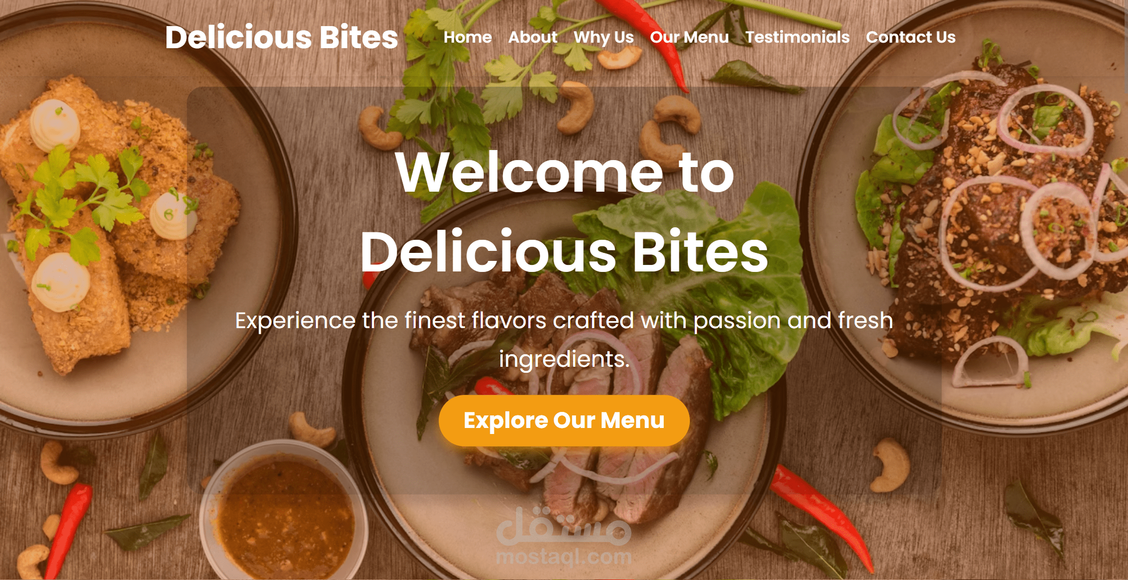 Landing Page لمطعم "Delicious Bites" باستخدام HTML, CSS, Bootstrap