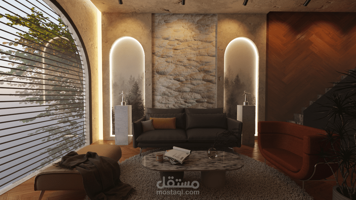 مشروع تصميم غرفة معيشة مودرن | ألوان جذابة وخامات راقية