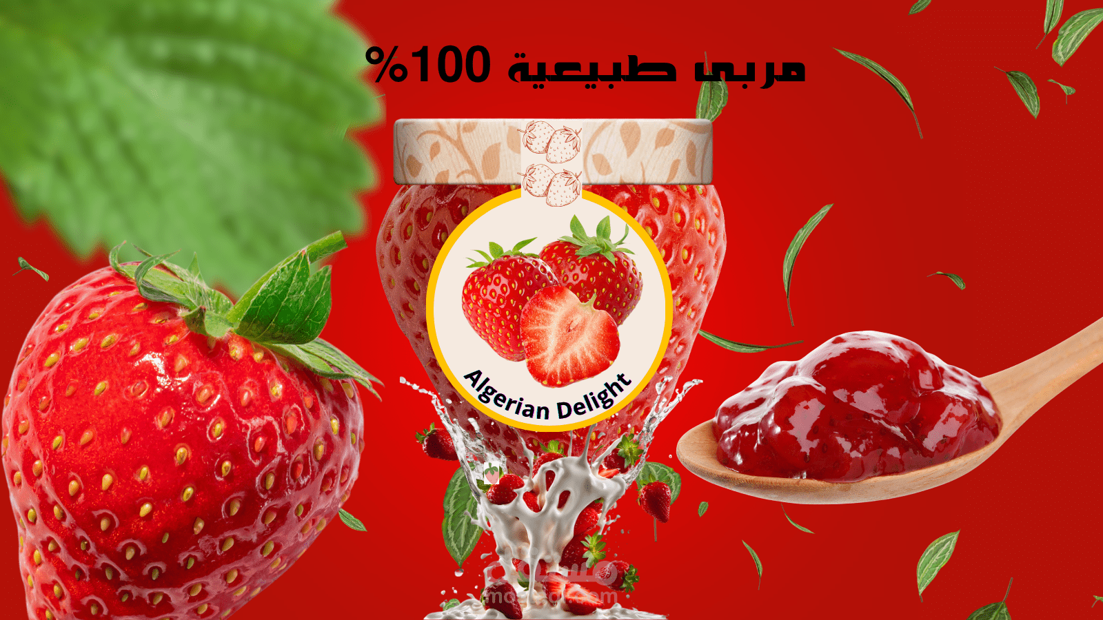 تصميم إعلان عصير فراولة – مربي طبيعية 100%