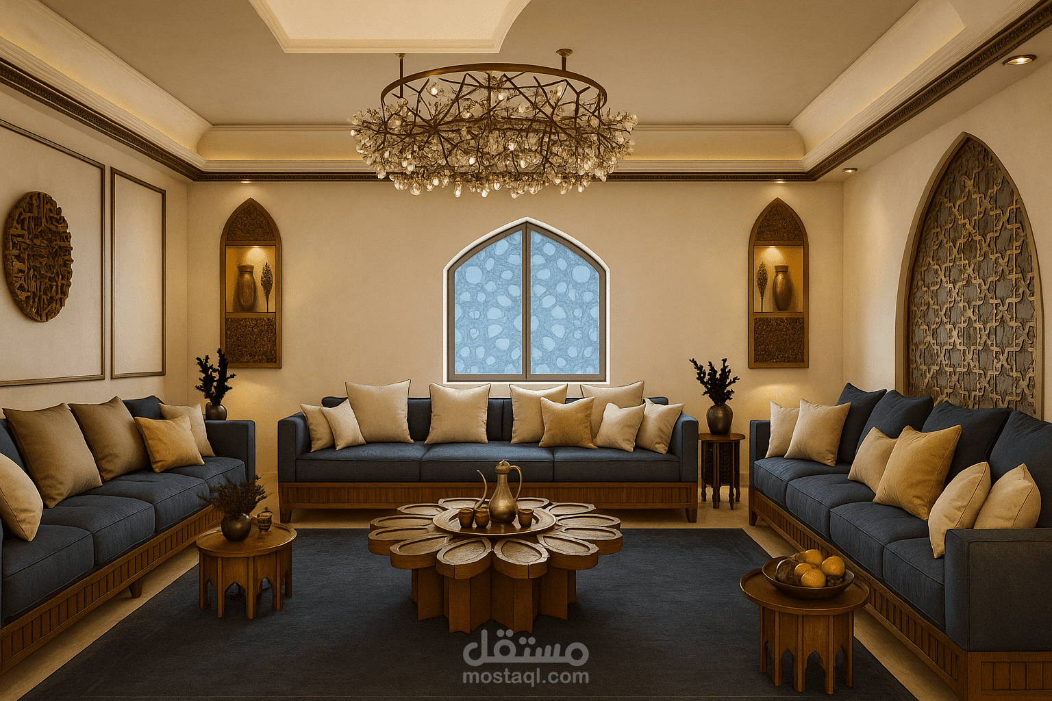 تصميم صالات مودرن مع مطبخ بالإضافة إلى لمسات إسلامية بسيطة