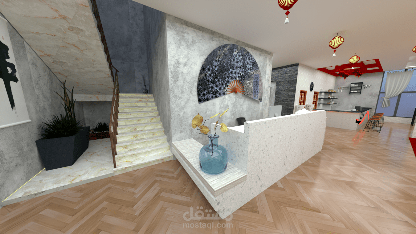 تصميم داخلي لمطعم على الطراز الصيني التقليدي