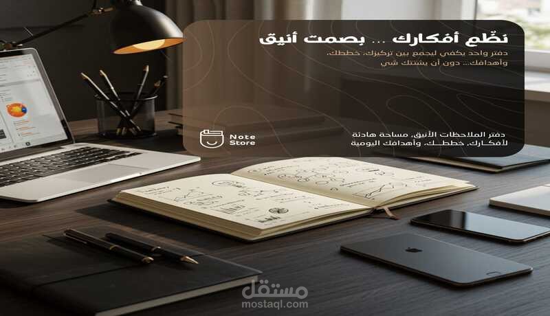 تصميم إعلان احترافي لمنتج مكتبي – دفتر ملاحظات