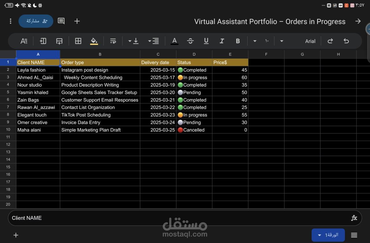 Virtual Assistant Portfolio – Orders in Progress