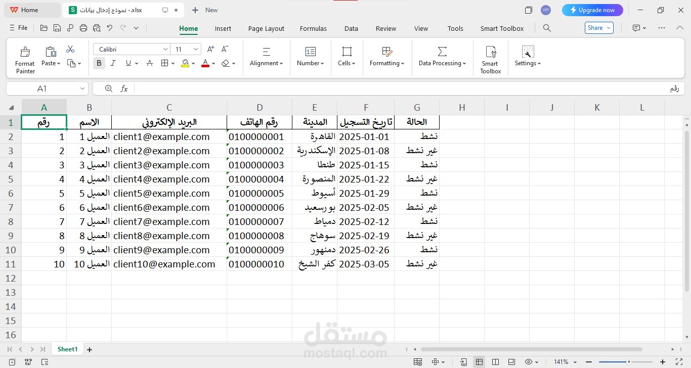 نموذج إدخال بيانات (Excel)