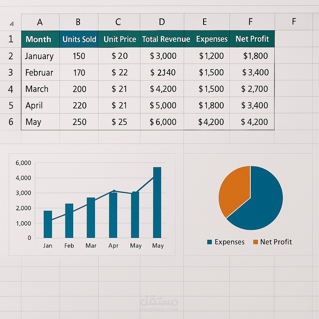 تصميم وتحليل جدول مالي احترافي باستخدام Excel مع عرض بياني متقدم