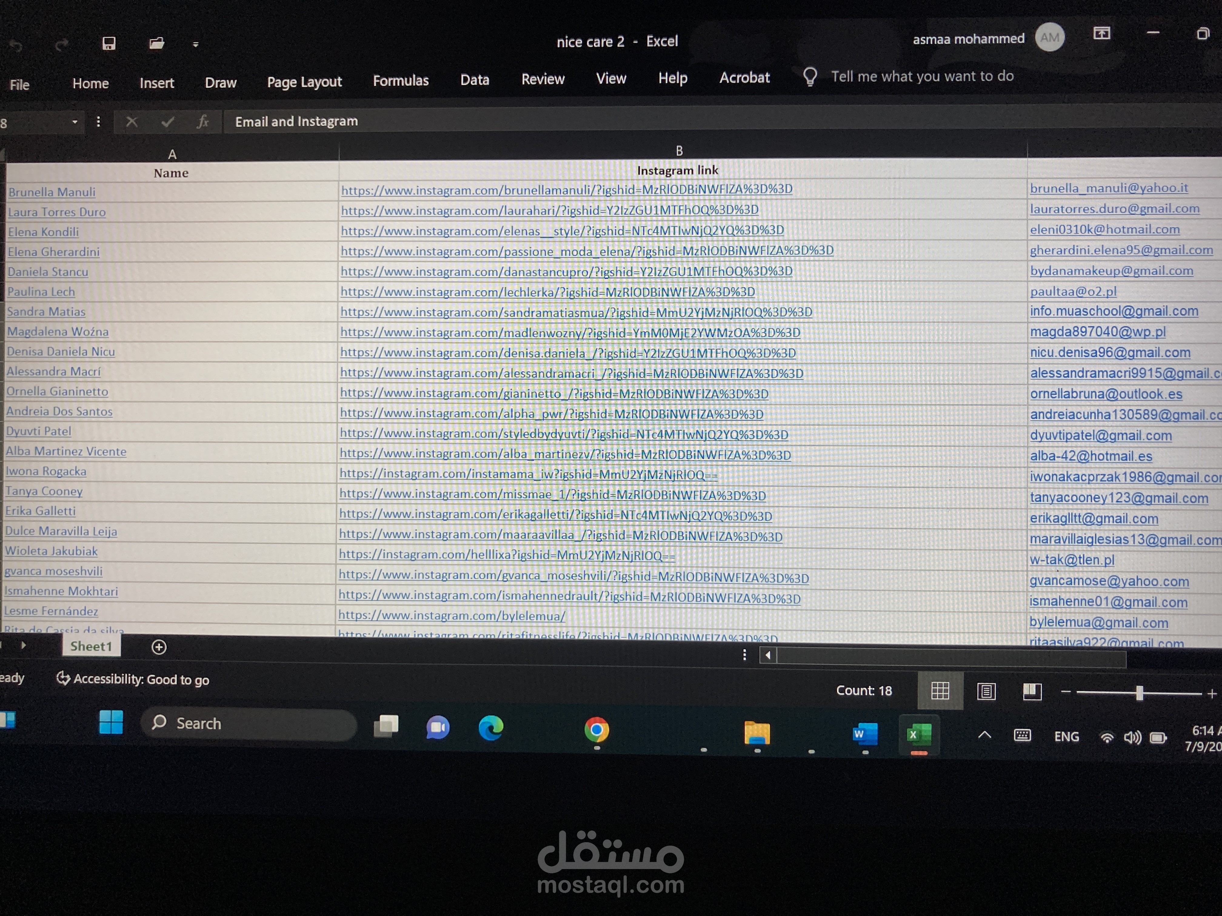 تنظيم قاعدة بيانات مؤثرين على Excel (الاسم – الإيميل – رابط الإنستجرام)