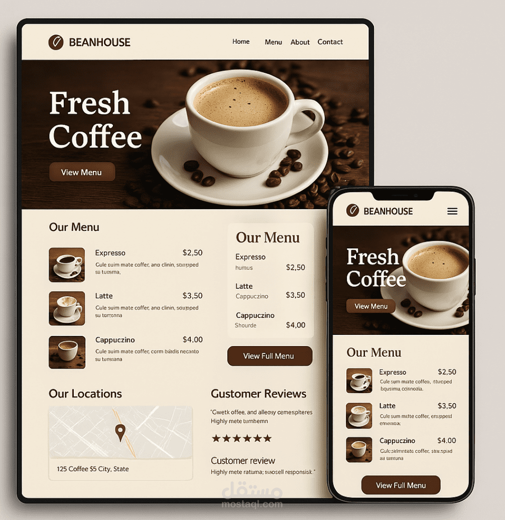 تصميم واجهة موقع إلكتروني عصري لكوفي شوب "BeanHouse"