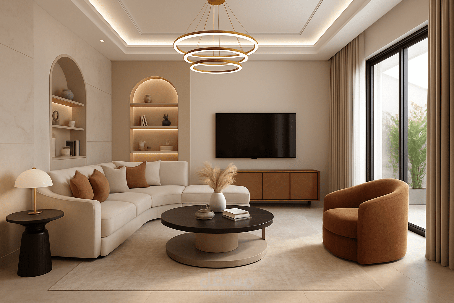 تصميم داخلي عصري لغرفة معيشة بألوان ترابية ولمسات دافئة