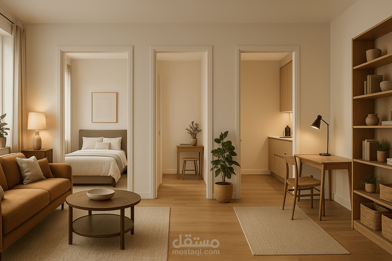 تصميم شقة صغيرة بأسلوب مودرن دافئ ولمسات خشبية طبيعية