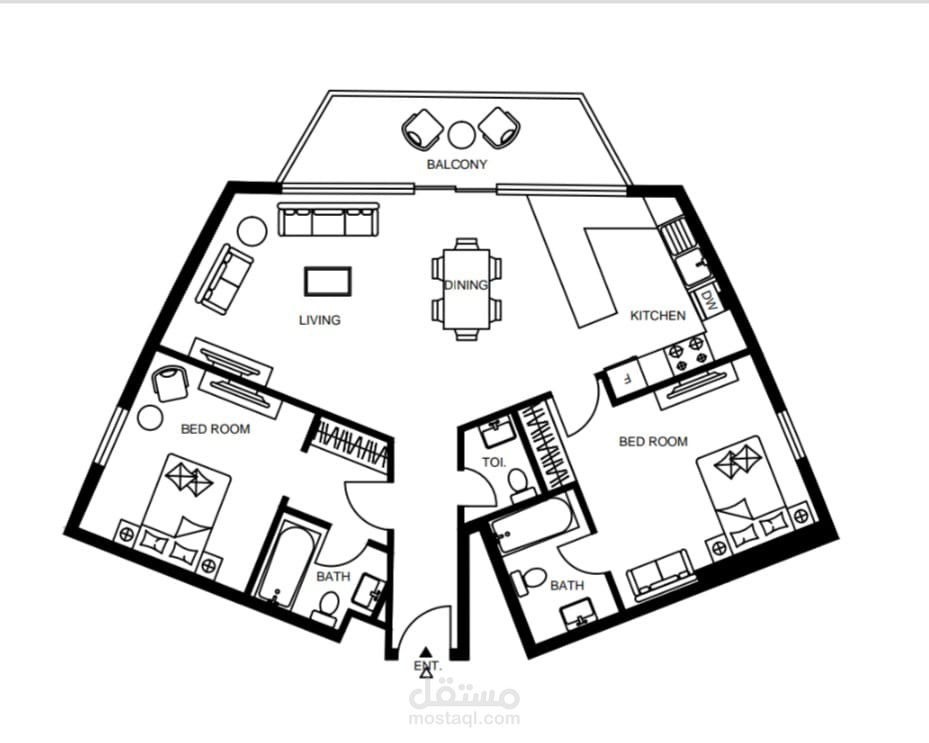 مخطط معماري لشقة  غرفتين ماستر بالفرش Autocad 2D  plan